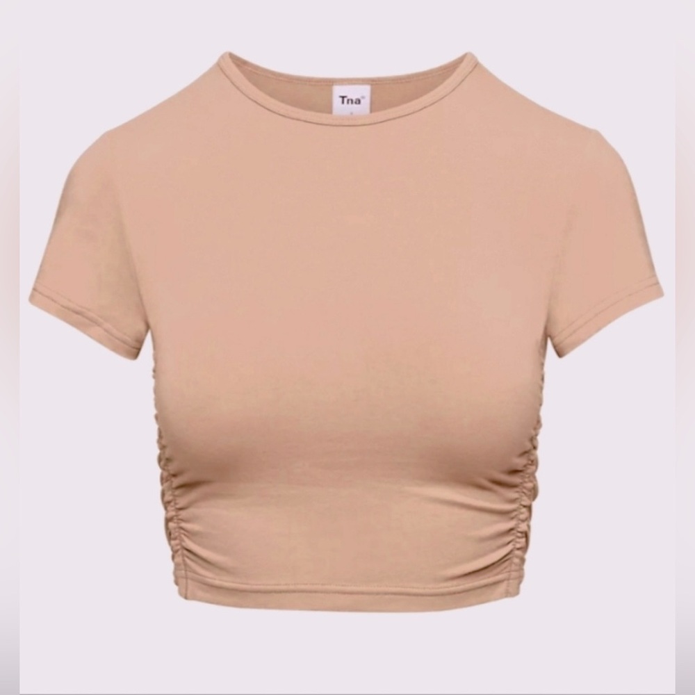 TNA Beige Ruched Side Crop Tee
